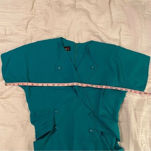 Vintage 80s Teal Dress Secretary Retro Linen Double Breasted Sheath Knee Length - Picture 13 of 13